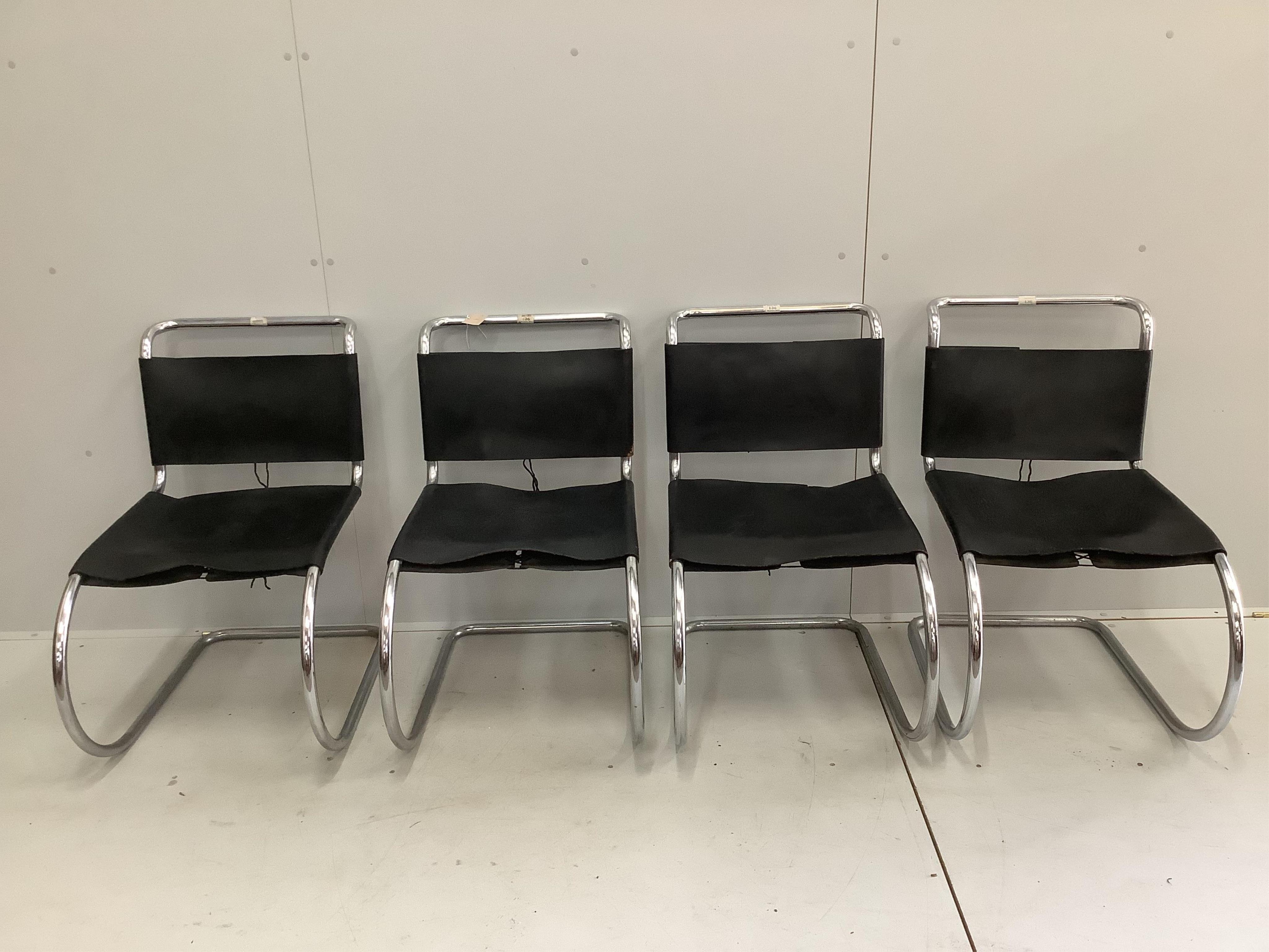 A set of four Knoll International cantilever chairs, width 48cm, depth 62cm, height 80cm. Condition - poor to fair